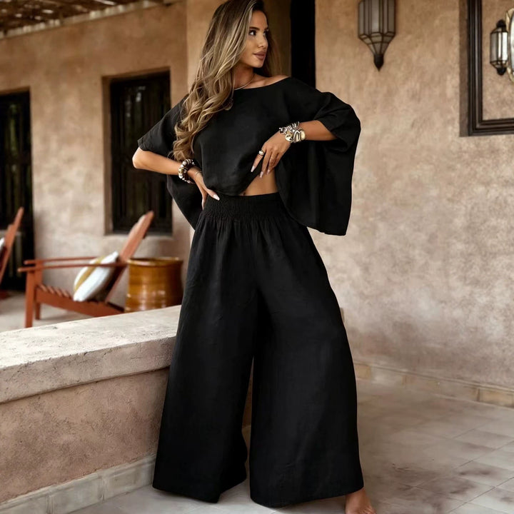 Women's Lightweight Linen Two-Piece with Cropped Oversized Top and Smocked Waist Palazzo Pants Mune Fashion