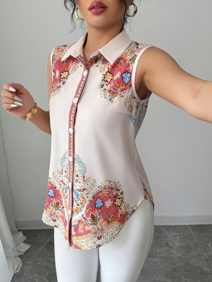Women's Sleeveless Shirt Blouse with Kent Collar, A-Line Silhouette and Concealed Button Placket Mune Fashion