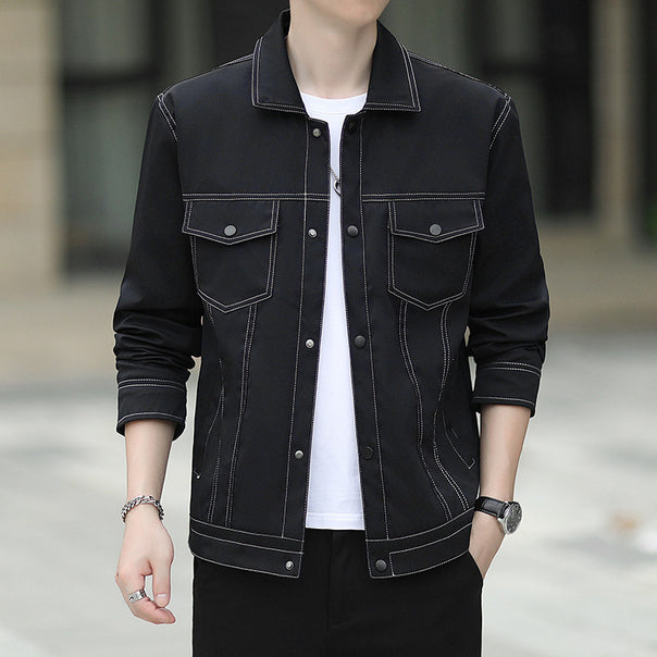 Men's lightweight canvas trucker jacket with visible contrast stitching and chest flap pockets Mune Fashion