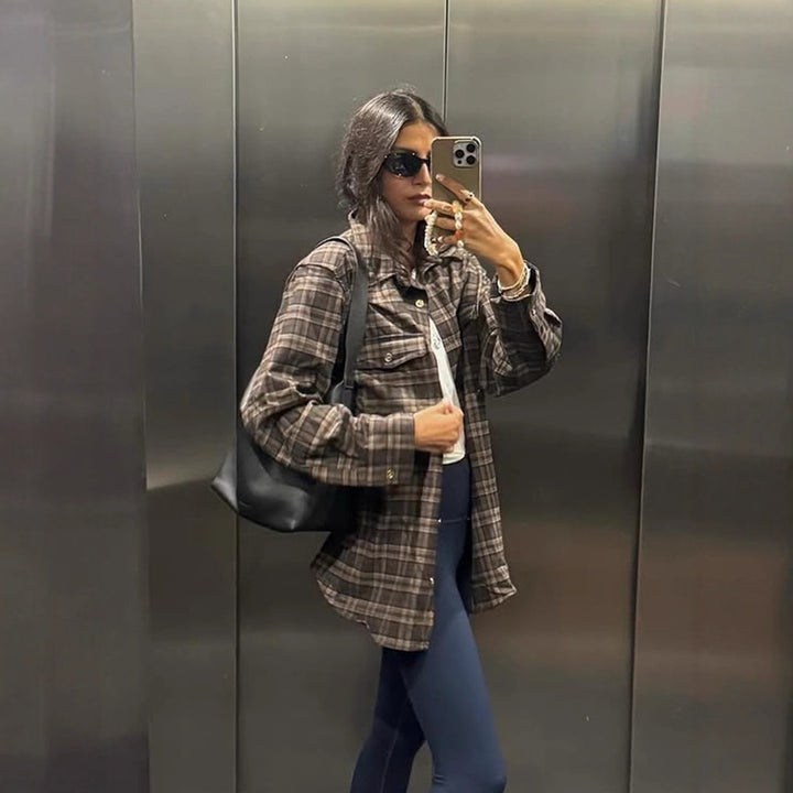 Women Checked Overshirt with Chest Pockets and Gold Snap Buttons Mune Fashion