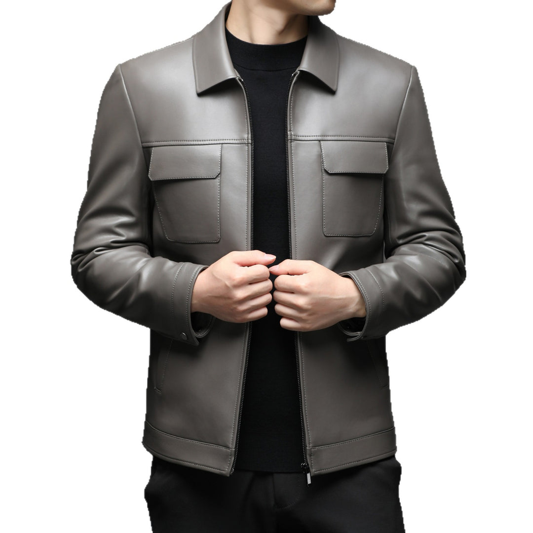 Men Smooth Leather Look Blouson with Chest Flaps and Zipper Mune Fashion
