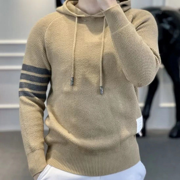 Men's Sporty Knit Sweater with Hood and Stripes Mune Fashion