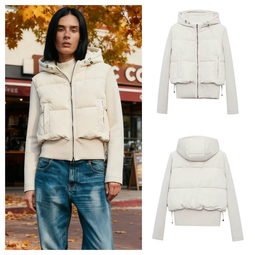 Women short-cut hybrid quilted jacket with hood, waist drawstring and elastic sleeves Mune Fashion
