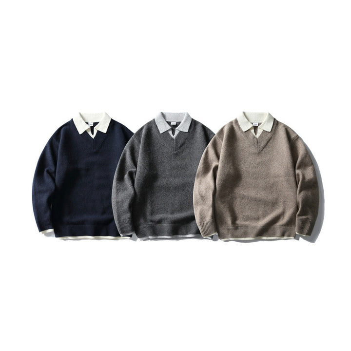 Unisex Oversize Knit Sweater with Contrast Polo Collar and V-Neck Mune Fashion
