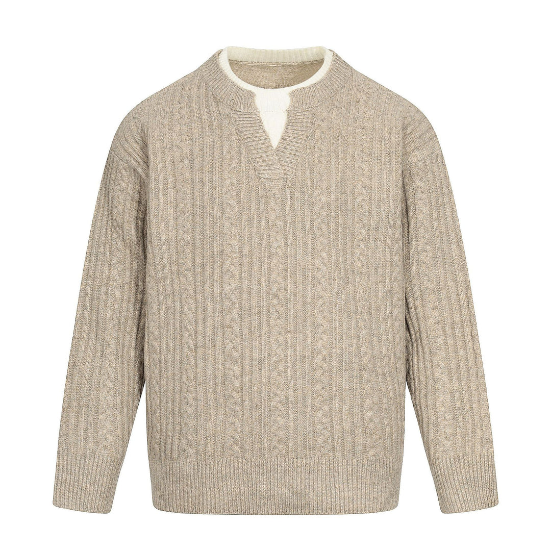 Men's cable knit sweater with V-insert and double roll collar Mune Fashion