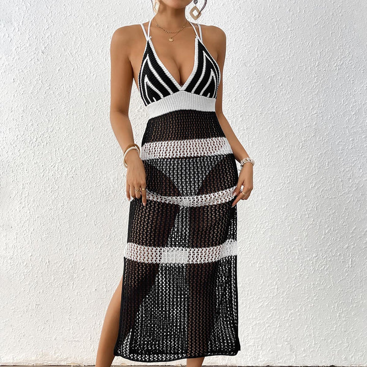 Women's crocheted beach cover-up with stylish V-neck and elegant stripe details Mune Fashion