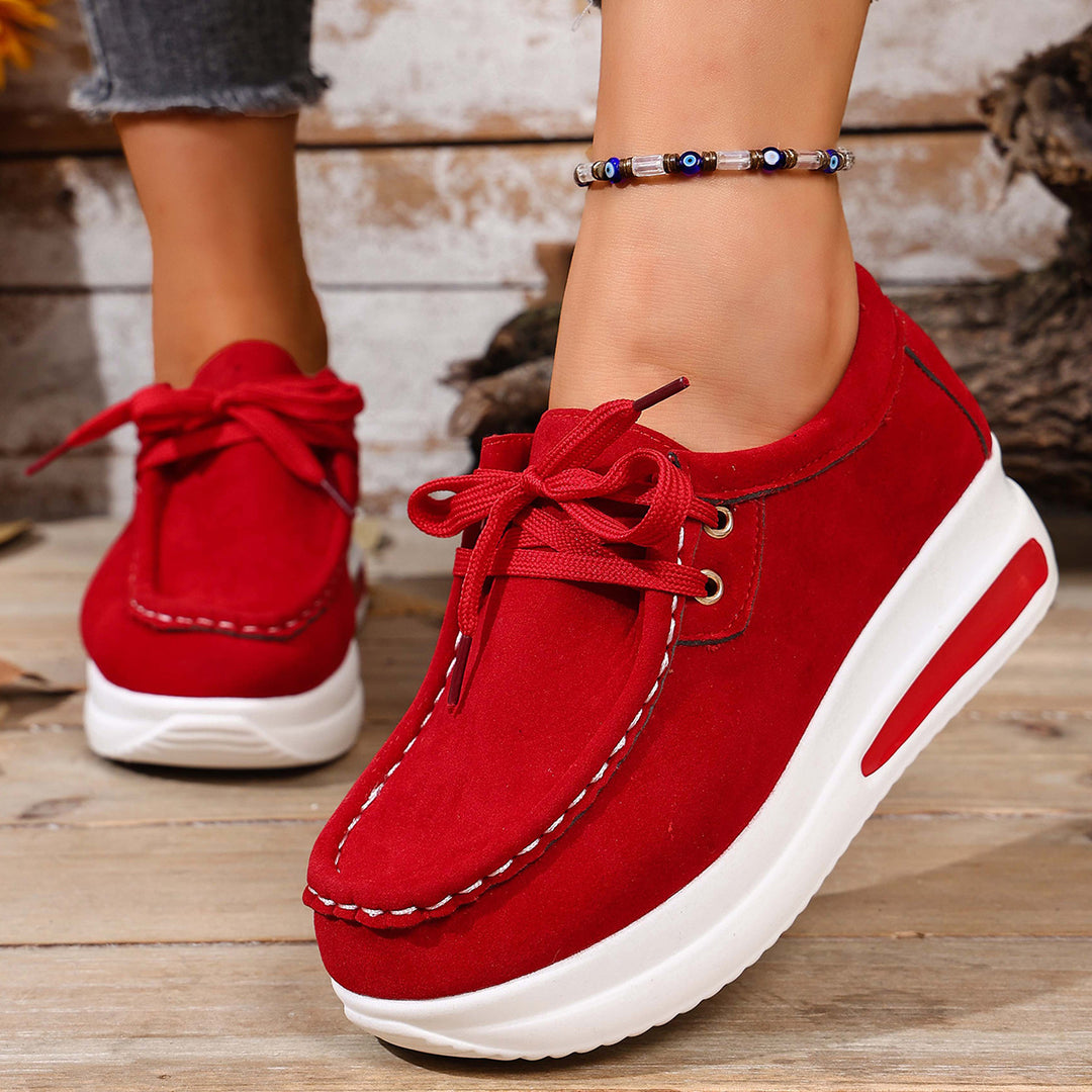 Ladies Velour Moccasin Plateau Sneaker with hidden wedge and padded comfort footbed Mune Fashion