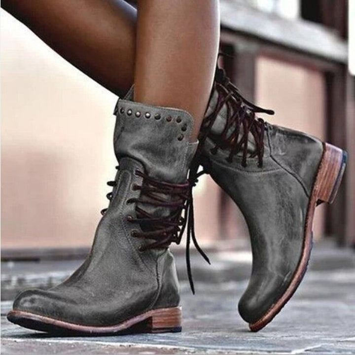 Women's Vintage Leather Lace-Up Boots with Studded Details and Mid Block Heel Mune Fashion