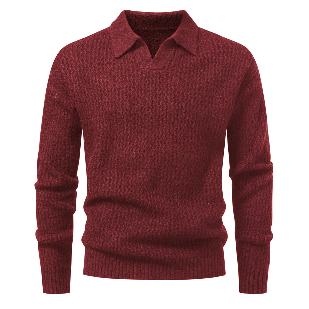 Men's polo collar fine knit sweater with textured wave design and ribbed hem Mune Fashion