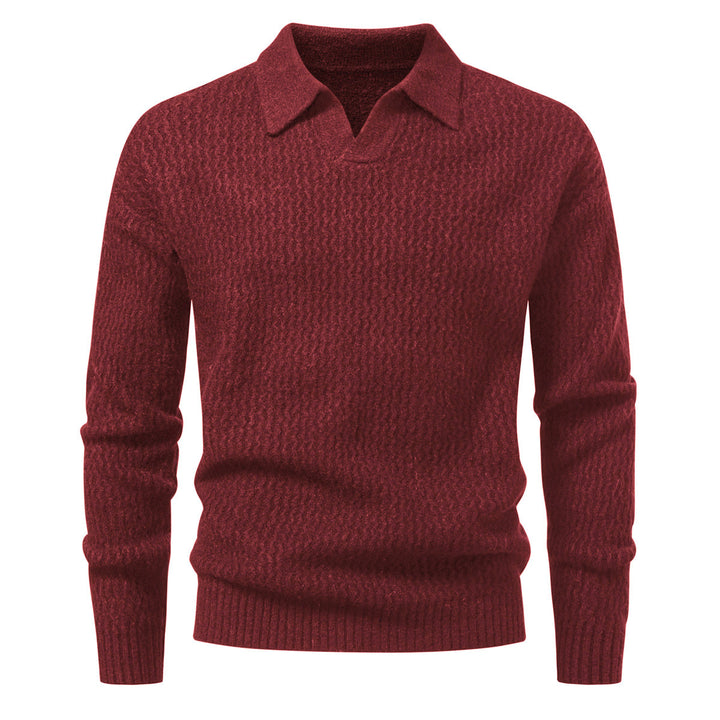 Men's polo collar fine knit sweater with textured wave design and ribbed hem Mune Fashion