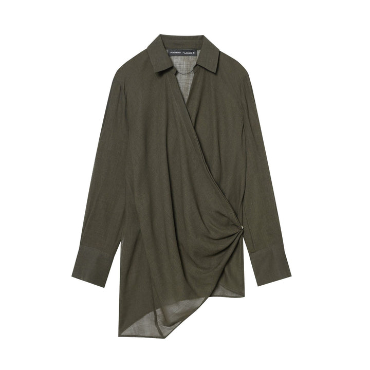 Women nan wrap blouse with shirt collar, asymmetrical pointed hem and knot closure Mune Fashion