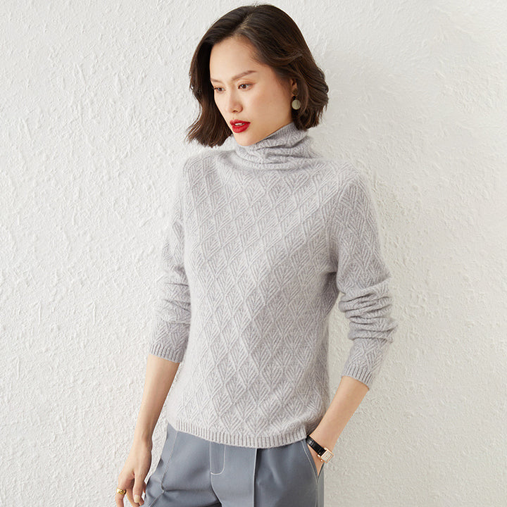 Ladies Luxurious Mohair-Mix Turtleneck Sweater with Diamond Pattern Mune Fashion Openwork Structure Mune Fashion