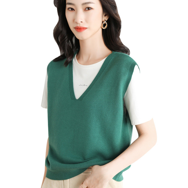 Women's Oversized V-neck Fine Knit Vest with Ribbed Hem Mune Fashion