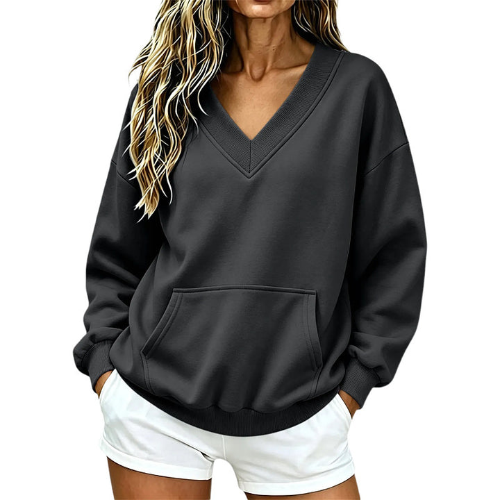 Women Oversize V-Neck Sweatshirt with Kangaroo Pocket and Ribbed Hem Mune Fashion