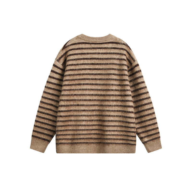 Unisex Oversize Striped Fluffy Sweater with Round Neck