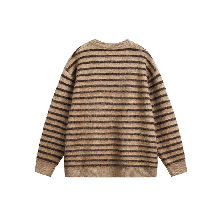 Unisex Oversize Striped Fluffy Sweater with Round Neck