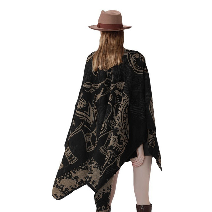 Women's jacquard kimono cape made of wool blend with ornamental animal motifs Mune Fashion