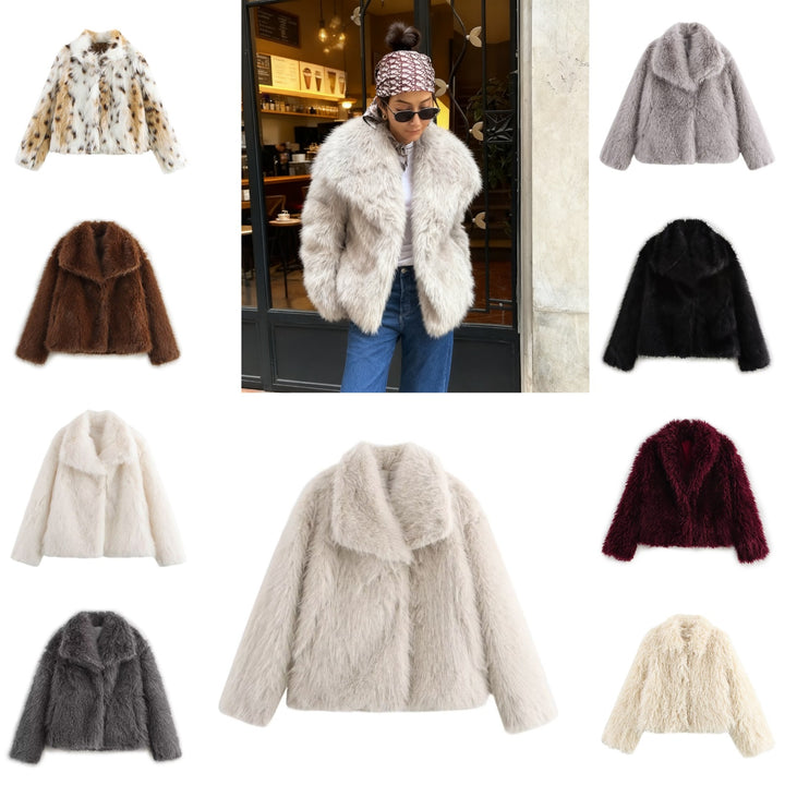 Women short cut boxy faux fur coat with shawl collar Mune Fashion