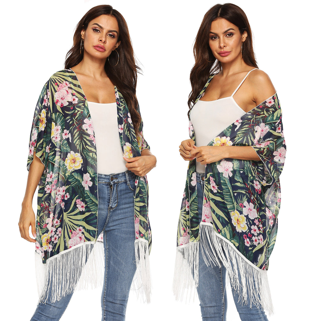Women's kimono with floral design and fringes Mune Fashion