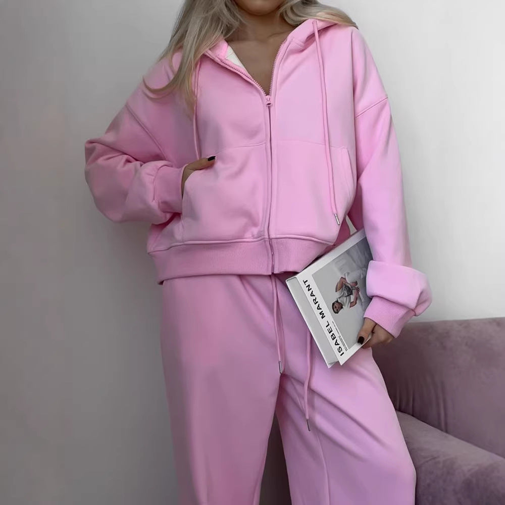 Women's casual hooded sweatshirt with zipper and wide high-waist joggers Mune Fashion