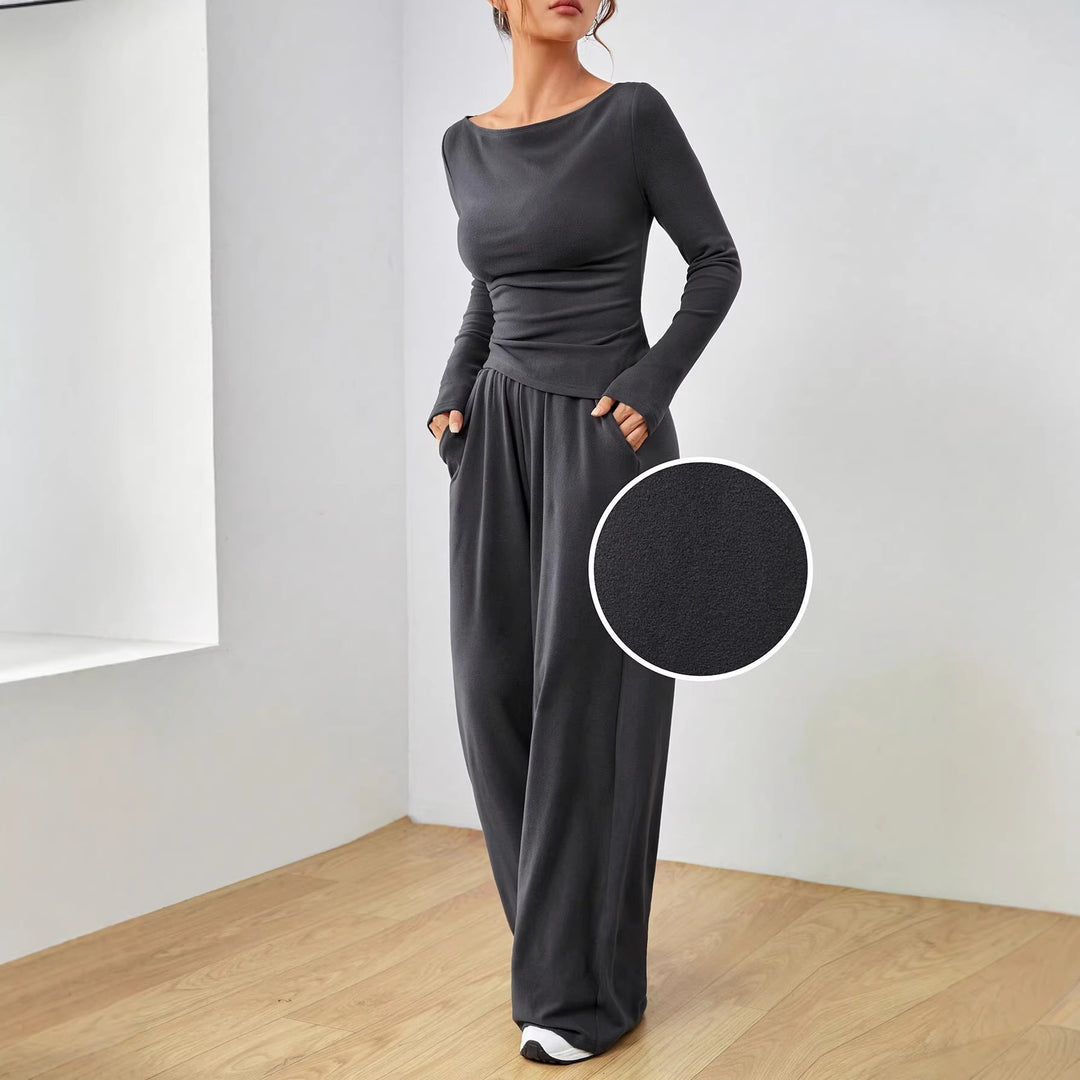 Women's Casual Two-Piece Lounge Set with Boat Neck, Tailored Draping and Wide Palazzo Pants Mune Fashion