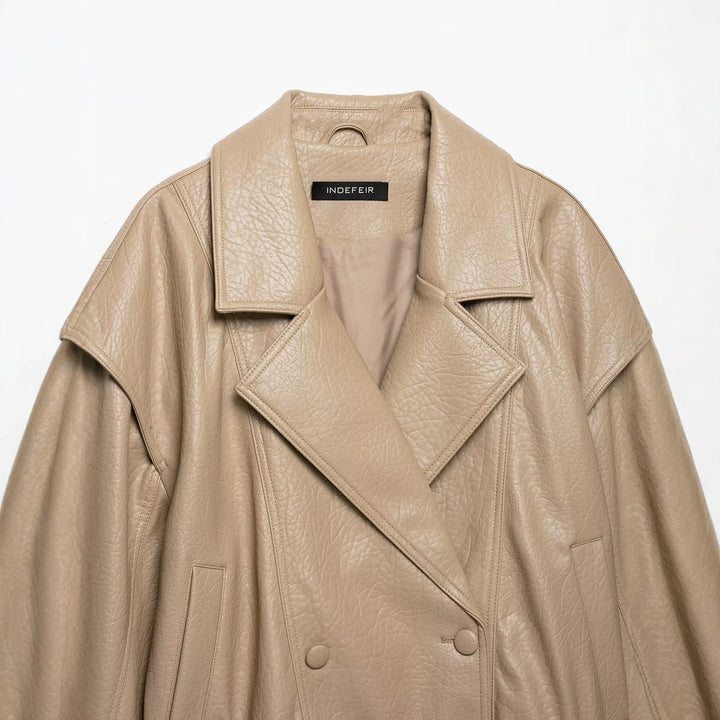 Women's Short Cut Faux Leather Jacket in Oversized Trench Style Mune Fashion