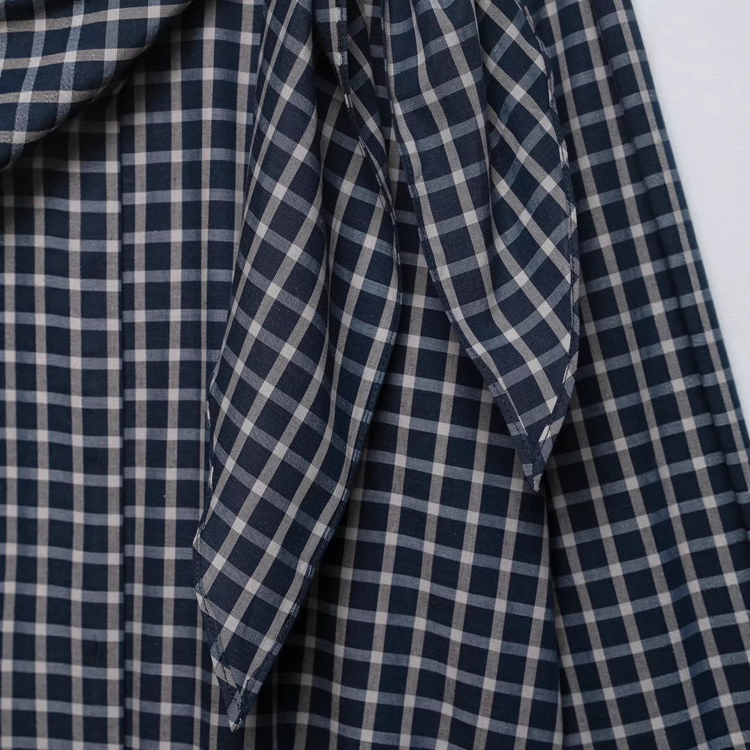 Women's Checked Blouse with Asymmetric Scarf Draping and Shirt Collar Mune Fashion