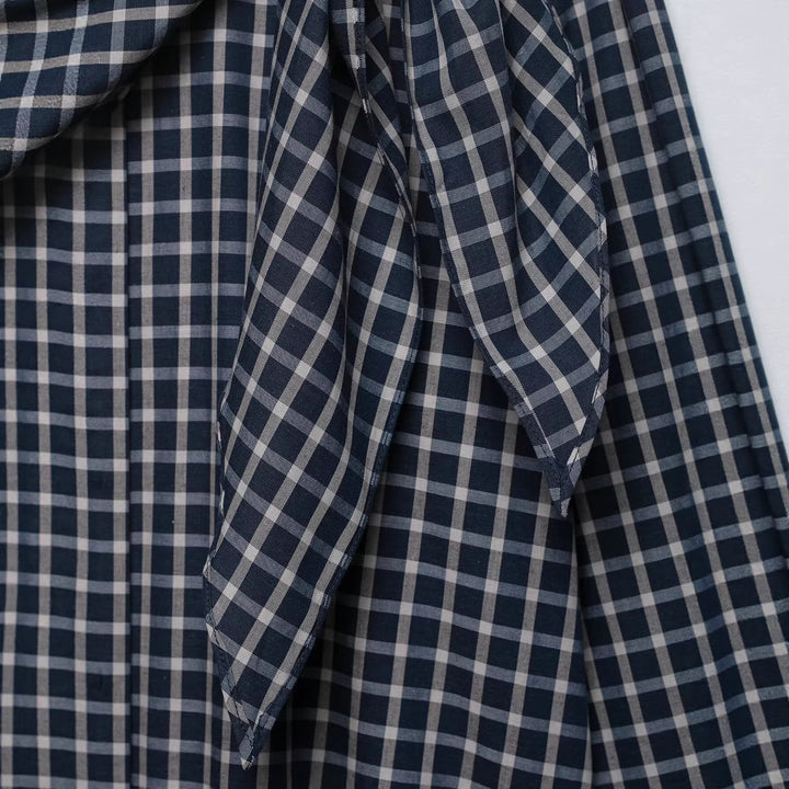 Women's Checked Blouse with Asymmetric Scarf Draping and Shirt Collar Mune Fashion