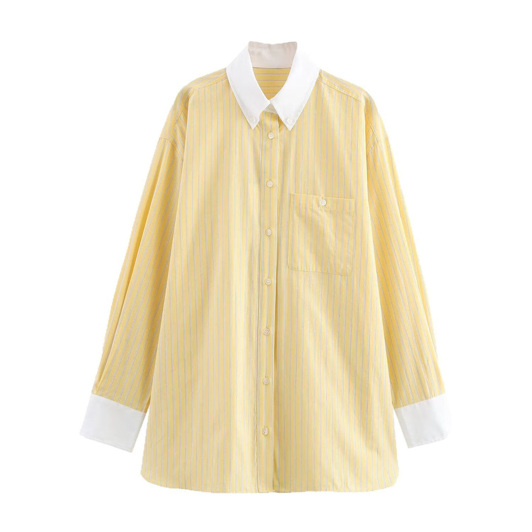 Women Oversized Shirt Blouse with Contrast Collar and Cuffs Mune Fashion