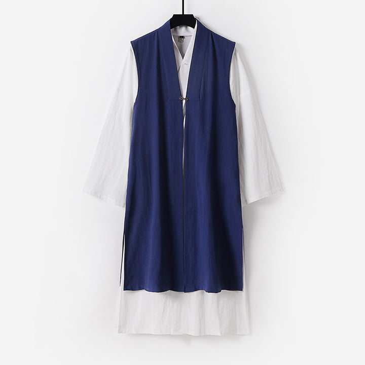 Ladies Long Sleeveless Kimono Vest with Minimalist Lines and Decorative Toggle Closure Mune Fashion