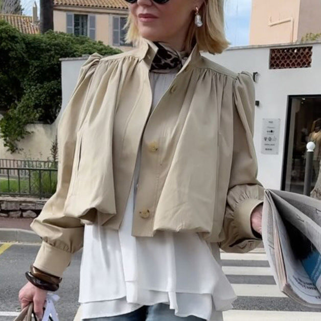 Women Lightweight Blouson Jacket with Balloon Sleeves and Stand-up Collar Mune Fashion