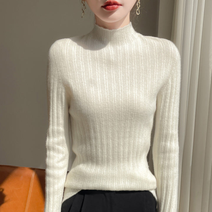 Women's slim-fit fine knit pullover with a short standing collar and fine ribbed texture Mune Fashion