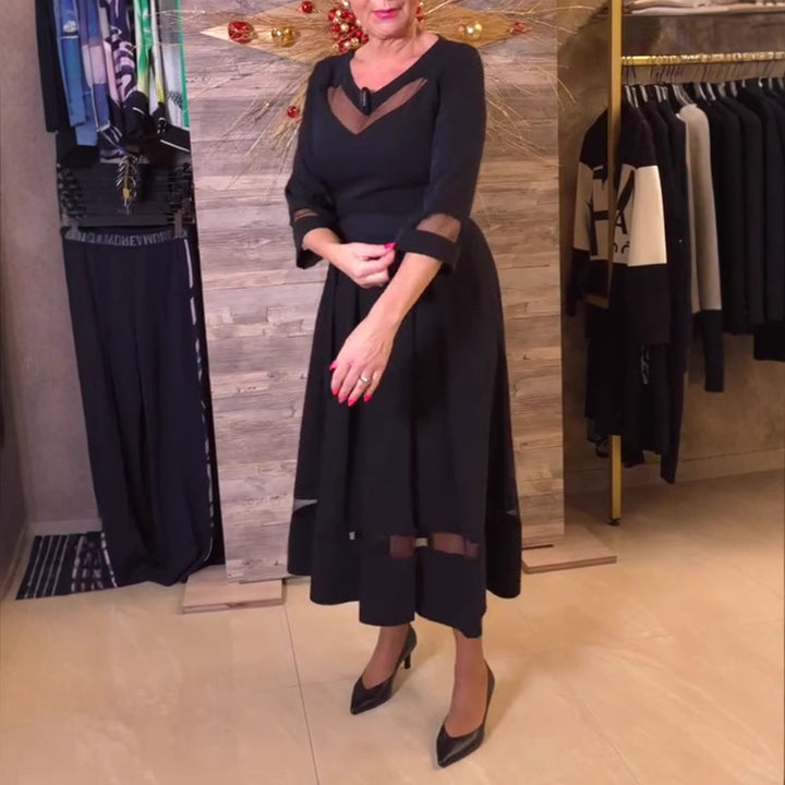 Women's fitted midi dress with transparent mesh inserts, tie belt and feminine A-line Mune Fashion