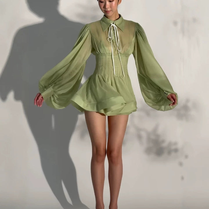 Ladies Transparent Chiffon Mini Dress with Corset Look, Puff Sleeves and Flared Skirt Mune Fashion