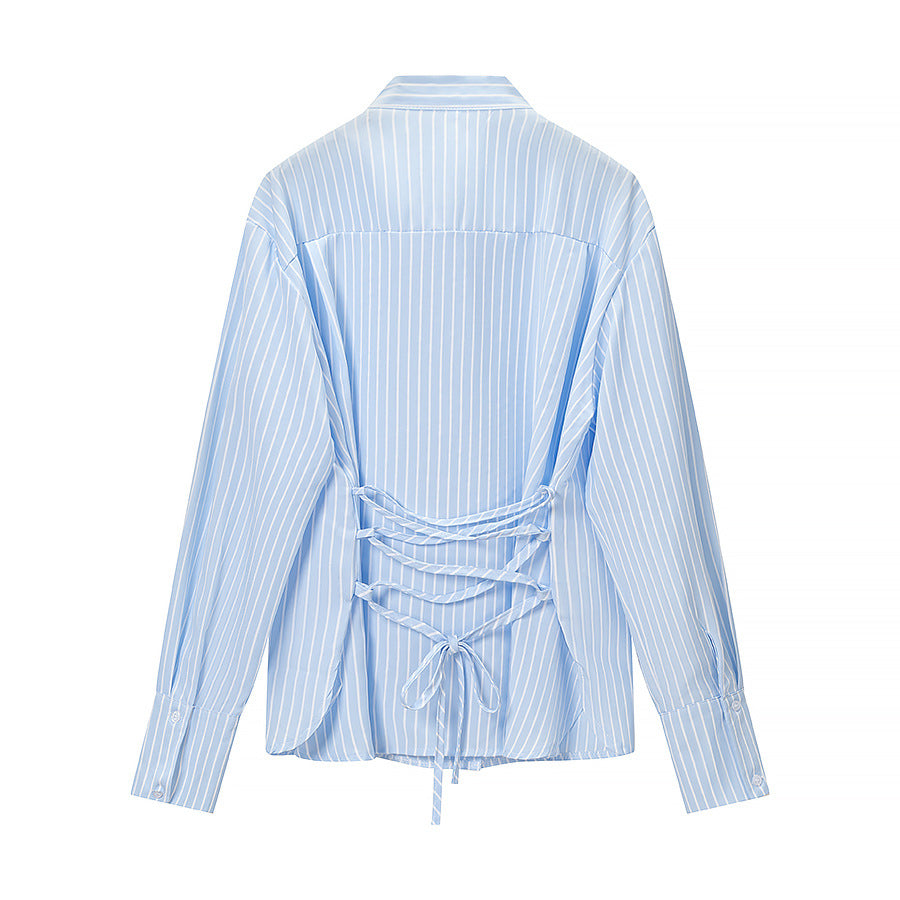Women Striped Blouse with Bow Collar and Full Button Placket Mune Fashion