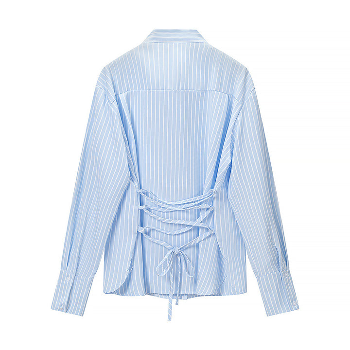 Women Striped Blouse with Bow Collar and Full Button Placket Mune Fashion