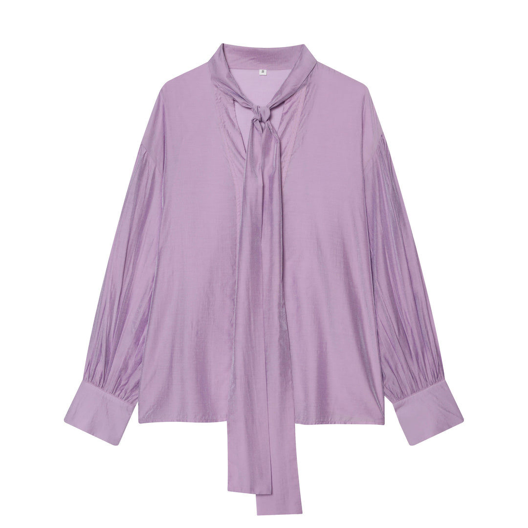 Women's polka dot tie scarf blouse with V-neck, knot band and relaxed fall Mune Fashion