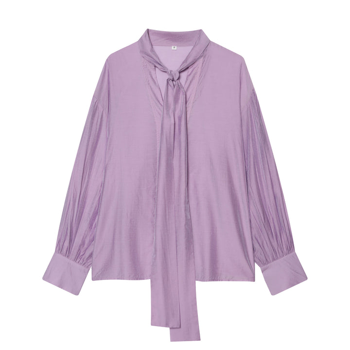 Women's polka dot tie scarf blouse with V-neck, knot band and relaxed fall Mune Fashion