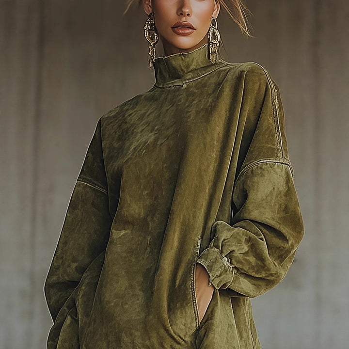 Women's oversized suede-look tunic with stand-up collar and fringes Mune Fashion