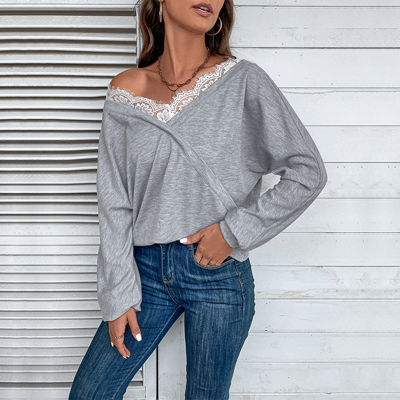 Women's Oversized Wrap Long Sleeve with Lace Trim and Wide Sleeve