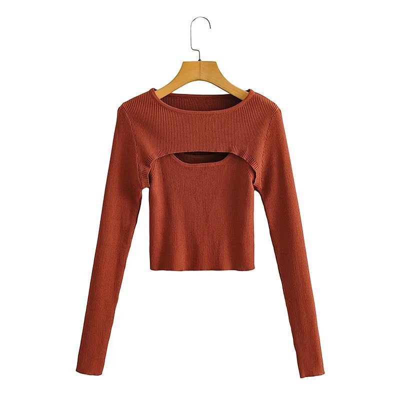 Women Ribbed Cropped Fine Knit Top with Cut-Out Details Mune Fashion