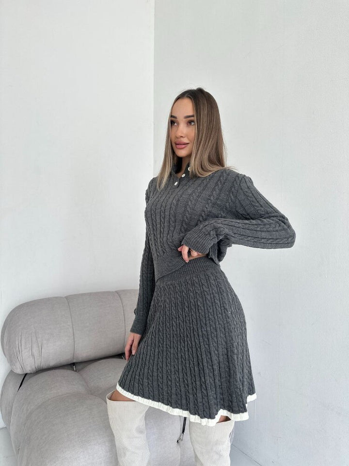 Women's knitted cable set with polo collar and flared A-line skirt Mune Fashion