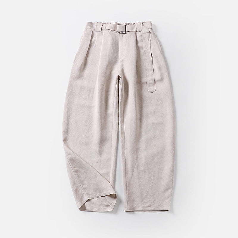Women's High-Waisted Linen-Cotton Pleated Trousers with Tied Belt and Tapered Leg Mune Fashion