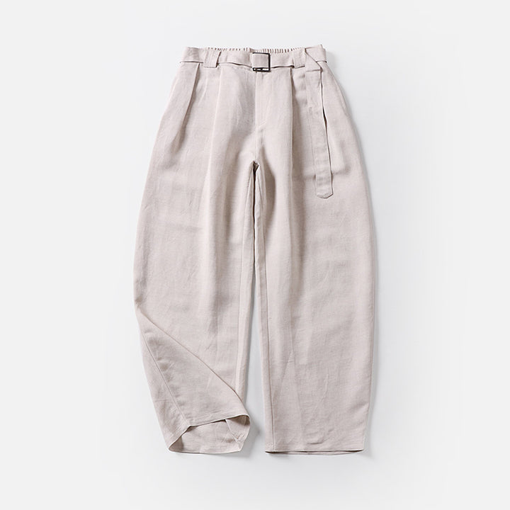 Women's High-Waisted Linen-Cotton Pleated Trousers with Tied Belt and Tapered Leg Mune Fashion