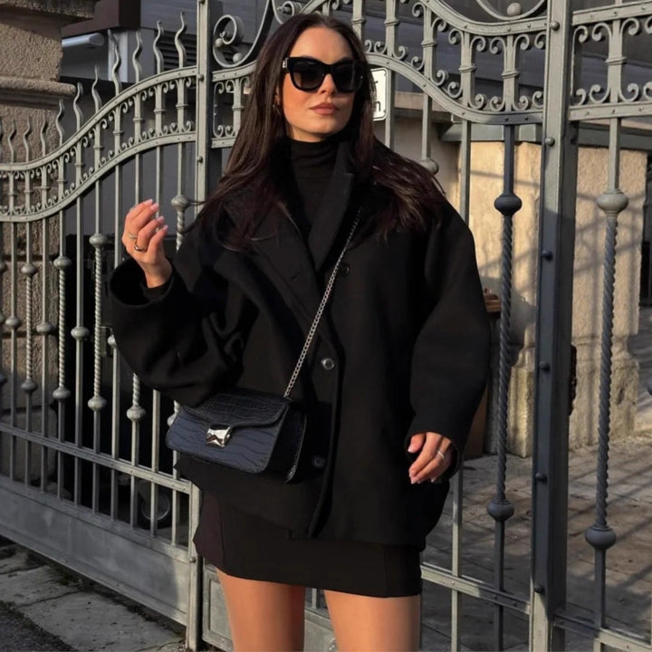 Women's short-cut oversized wool blend caban with wide lapels and boxy silhouette Mune Fashion