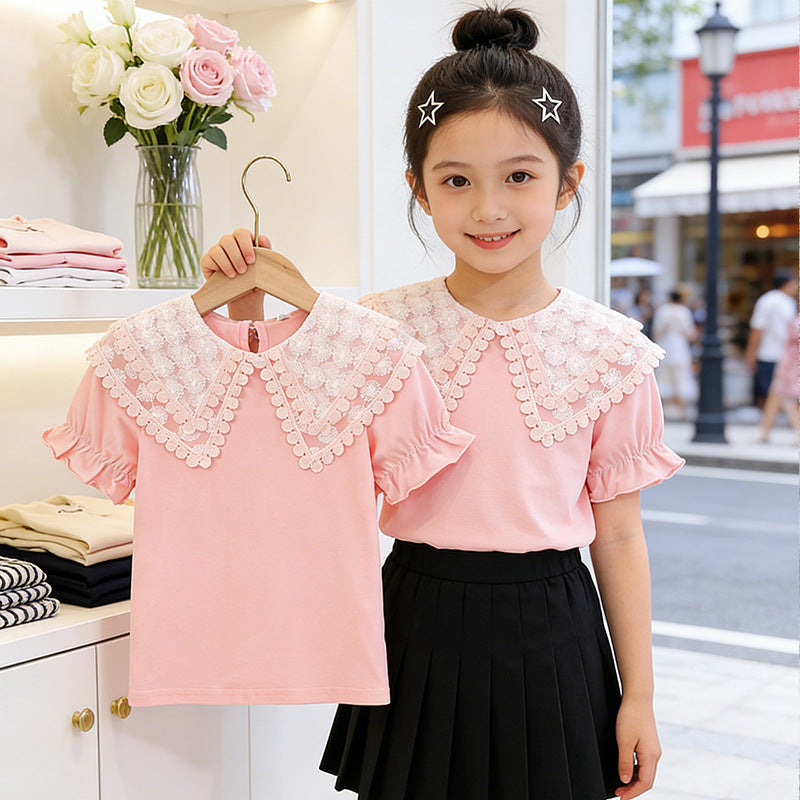 Girls T-shirt with romantic lace collar and ruffle details Mune Fashion