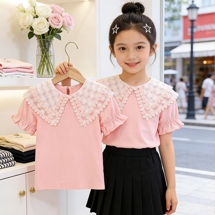 Girls T-shirt with romantic lace collar and ruffle details Mune Fashion