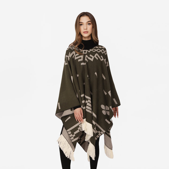 Women's Oversize Poncho in Boho Style with V-neck, Jacquard Pattern and Long Fringes Mune Fashion