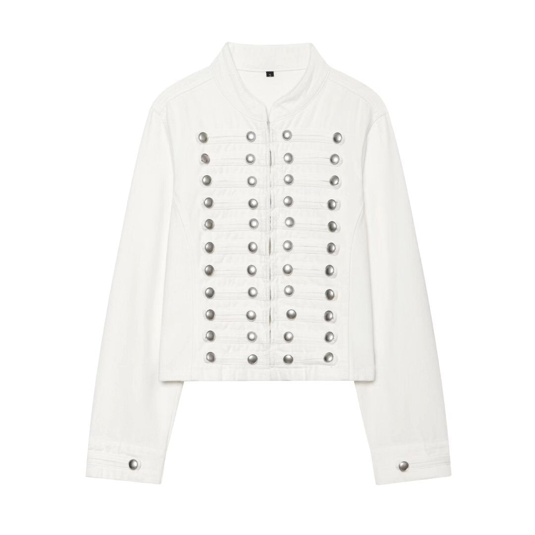 Women's Cropped Denim Blouson in Tailcoat Style with Decorative Row Buttons Mune Fashion