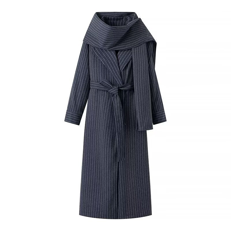 Women Tailored Pinstripe Coat with Ties and Wide Maxi Skirt Mune Fashion